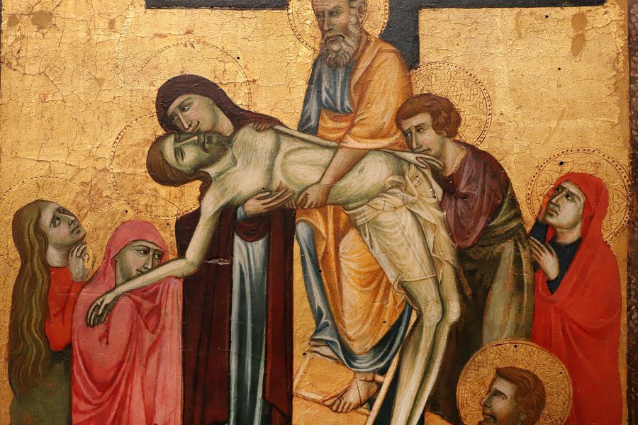 File:Maestro del farneto, dossale con madonna col bambino e storie della passione, 1290 ca., da conv. del farneto a colombella di pg, 08 deposizione.jpg