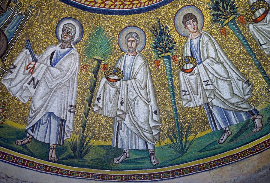 File:Procession of the Apostles. First left - Saint Peter. Part of the mosaic in Arian Baptistery. Ravenna, Italy.jpg