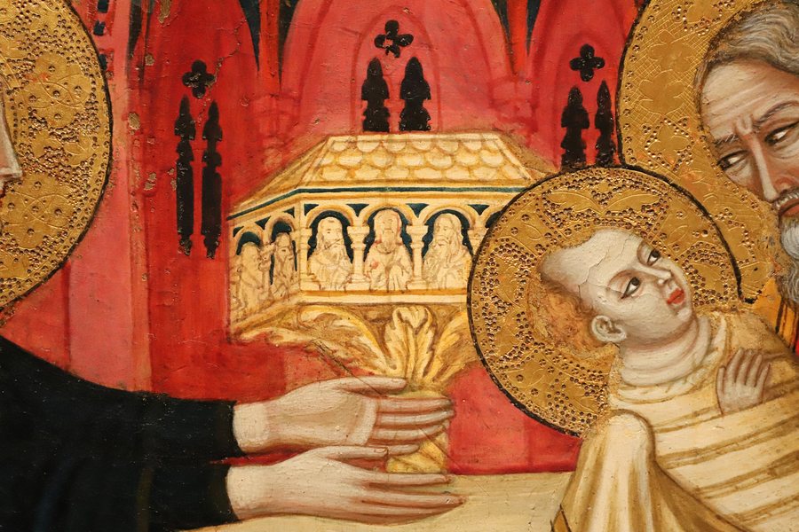 File:Maestro di paciano, scomparti di trittico, dall'oratorio della confraternita di s. francesco a perugia, 1330-40 ca., presentazione al tempio 02 dado con apostoli.jpg